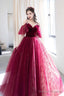 Burgundy V-Neck Velvet And Tulle Long Prom Dress, A-Line Spaghetti Strap Formal Evening Dress