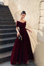 Burgundy V-Neck Velvet Long Prom Dress, Off Shoulder Evening Party Dress