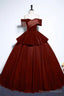 Burgundy Velvet And Tulle Long Formal Dress, A-Line Off The Shoulder Evening Party Dress