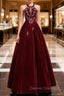 Burgundy Velvet Beaded Long Prom Dress, Elegant A-Line Evening Party Dress