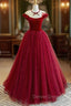 Burgundy Velvet Long A-Line Prom Dress, Burgundy Formal Evening Dress