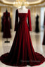 Burgundy Velvet Long Sleeve Pearls Prom Dress