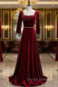 Burgundy Velvet Long Sleeve Square Beading Prom Dress