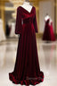 Burgundy Velvet Long Sleeves A-line Prom Dress, Long Simple Bridesmaid Dress