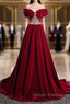 Burgundy Velvet Off the Shoulder Pleats Beading Prom Dress