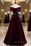 Burgundy Velvet Off the Shoulder Pleats Prom Dress With Belt