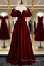Burgundy Velvet Puff Sleeve Beading Prom Dress