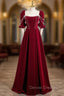 Burgundy Velvet Puff Sleeve Pearls Prom Dress