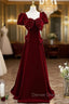 Burgundy Velvet Puff Sleeve Prom Dress With Bow