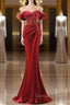 Burgundy Velvet Sequins Long Prom Dress, Mermaid Off The Shoulder Party Dress With Slit