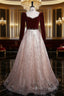 Burgundy Velvet Sequins Long Sleeve Beading Prom Dress