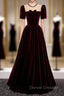 Burgundy Velvet Short Sleeve Bow Prom Dress