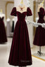 Burgundy Velvet Short Sleeve Prom Dress