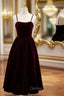 Burgundy Velvet Spaghetti Straps Pearls Prom Dress
