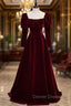 Burgundy Velvet Square Bow Long Sleeve Prom Dress