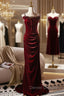 Burgundy Velvet Straps Flower Button Prom Dress