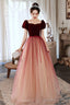 Burgundy Velvet Tulle Short Sleeves Long Formal Dress, Evening Prom Event