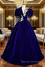 Burgundy Velvet V-neck Puff Sleeve Appliques Prom Dress