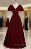 Burgundy Velvet V-neck Puff Sleeve Beading Prom Dress