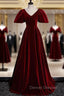 Burgundy Velvet V-neck Puff Sleeve Prom Dress