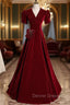 Burgundy Velvet V-neck Short Sleeve Prom Dress
