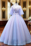 Buy The Newest Purple Ball Gown Tulle Backless See Through V-neck Appliques Quinceanera Dress
