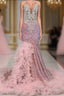 Pink Halter Mermaid Prom Dress with Sequins Beadings and Tulle Ruffle