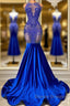 Sleeveless Royal Blue Scoop Neck Mermaid Prom Dress with Beadings