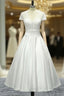 Cap Sleeve Tea Length Sheer Back Satin Short Wedding Dress