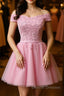 Cap Sleeves Short Pink Lace Prom Dress, Short Pink Lace Formal Bridesmaid Dress