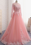 Charming Long Sleeve Appliques Pink Tulle Prom Dresses, Elegant Evening Formal Dress