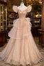 Champagne A-Line Tulle BeadedLong Prom Dress, Champagne Formal Dress