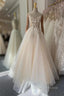 Champagne A -line Tulle Lace Long Prom Dress, Lace Formal Evening Dress