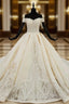 Champagne Ball Gown Satin Off the Shoulder Appliques Wedding Dress