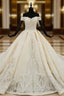 Champagne Ball Gown Satin Off the Shoulder Appliques Wedding Dress