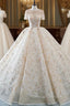 Champagne Ball Gown Sequins Short Sleeve Long Train Wedding Dress