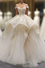 Champagne Ball Gown Tulle Lace Off The Shoulder Prom Dress