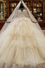 Champagne Ball Gown Tulle Long Sleeve Tiers Beading Wedding Dress