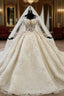 Champagne Ball Gown Tulle Off the Shoulder Beading Appliques Long Sleeve Wedding Dress