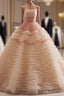 Champagne Ball Gown Tulle Pleats Strapless Prom Dress
