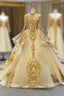 Champagne Ball Gown Tulle Sequins Appliques High Neck Prom Dress