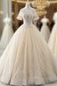 Champagne Ball Gown Tulle Short Sleeve Backless Wedding Dress With Beading