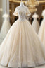 Champagne Ball Gown Tulle Short Sleeve Backless Wedding Dress With Beading