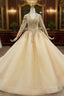 Champagne Ball Gown Tulle V-neck Long Sleeve Wedding Dress Wit Beading