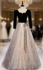 Champagne Black Tulle Short Sleeve Sequins prom Dress
