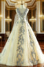 Champagne Deep V-neck Backless Appliques Wedding Dress