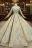 Champagne Gold Ball Gown Lace Sequins High Neck Long Sleeve Wedding Dress