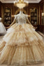 Champagne Gold Ball Gown Tulle Sequins Off the Shoulder Beading Wedding Dress