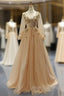 Champagne Gold Tulle Sequins Long Sleeve Appliques Prom Dress