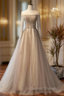 Champagne Gray Tulle Long Sleeve Beading Prom Dress